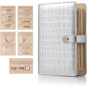 Vlando Jewelry Book Organizer - Leather Travel Jewelry Case with 5 Detachable Pages for Necklaces Rings Earrings, Tangle-Free, Giftable, Croco Silver (Medium)