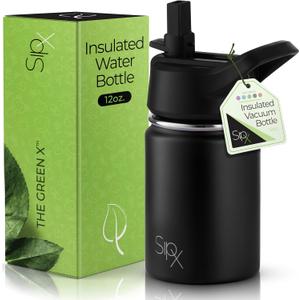 SIPX Insulated Kids Water Bottles 12oz. With Straw Lid, BPA-Free Reusable Insulated Toddler Water Bottle Keeps Cold 24 Hours, Metal Water Bottle Kids Made Of Sustainable Material (Black)