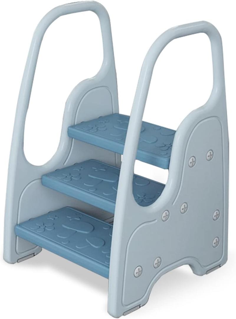 3 Step Stool for Toddler, Kids Three Step Stool for Bathroom Sink or Kitchen Counter Standing Tower, Children Step Up Learning Helper with Safety Handles and Non-Slip Pads, Blue