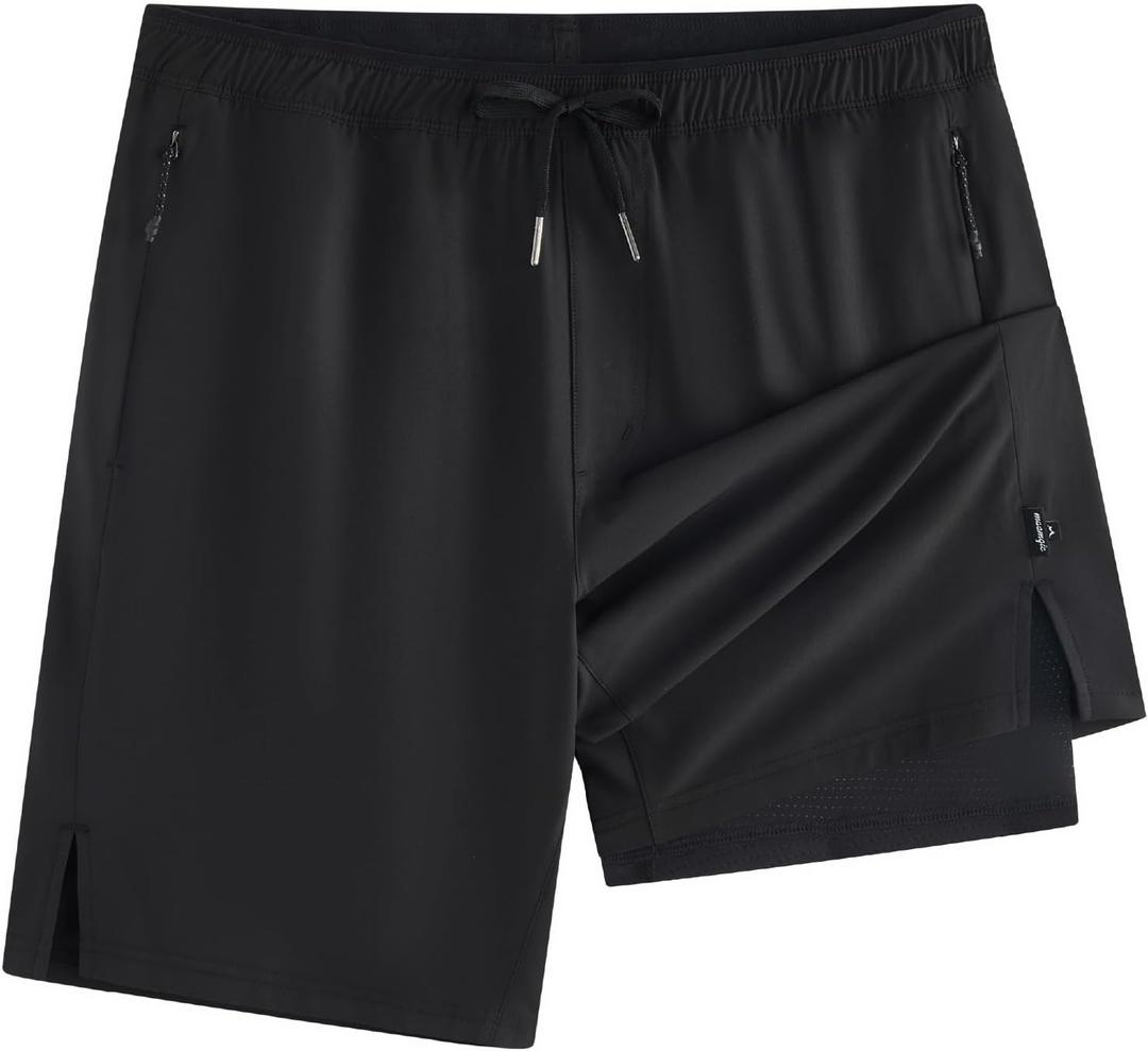 maamgic Mens Swim Trunks 9" with Zipper Pockets, Quick Dry Board Shorts, 4-Way Stretch Compression Lined Bathing Suits (Black, XXL)