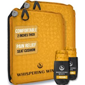 Whispering Winds Inflatable Seat Cushion - Comfortable Blow-up Foam Pad for Airplane, Travel, Stadium, Outdoors, Camping, Car & More (Large, Dark Gold - 2pack)