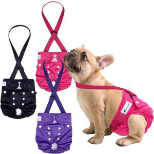Pet Soft Dog Diapers Female with Suspenders, 3 Pack Reusable Female Dog Diapers for Heat, Dog Period Panties for Doggie in Cycle(X-Small, Berry Mix)