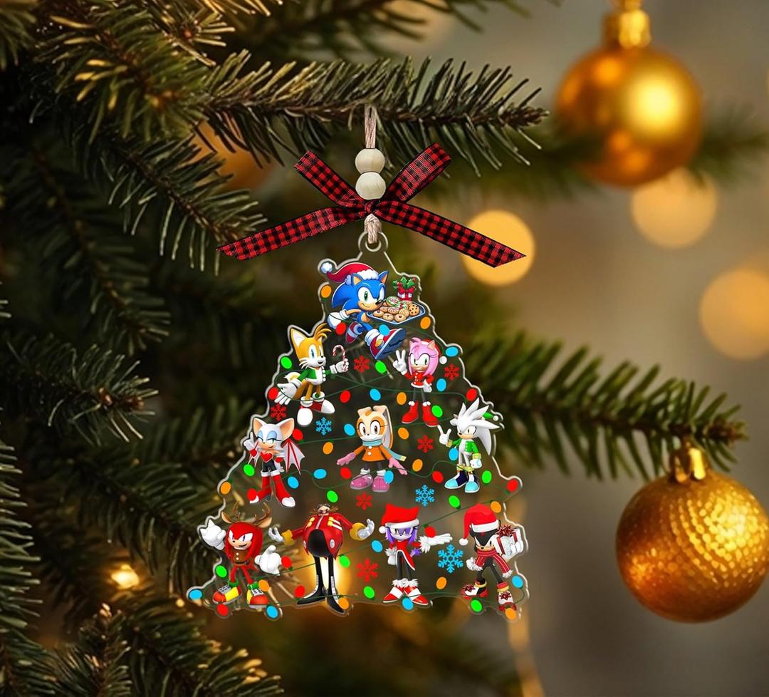 Blue Hedgehog Speed & Friends Shaped Christmas Acrylic Ornament - Cute Holiday Hanging Decoration - Sonic-Style Cartoon Hedgehog Gift for Kids- Boys- Girls- Fans (with Red Bow & Wooden Beads)