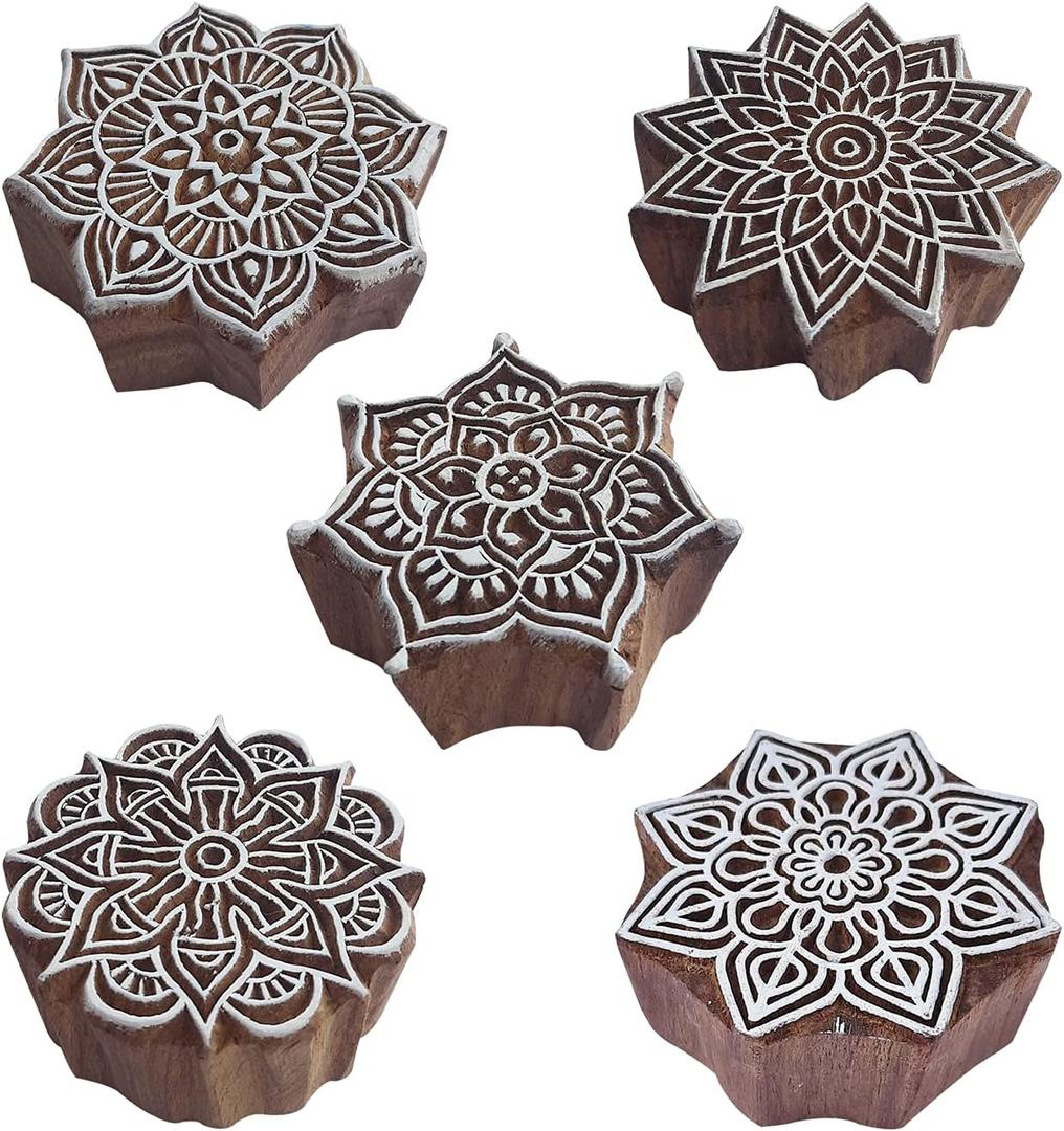 Royal Kraft Mandala Wooden Printing Stamps (Set of 5) - DIY Henna Fabric Textile Paper Clay Pottery Blocks Htag2209