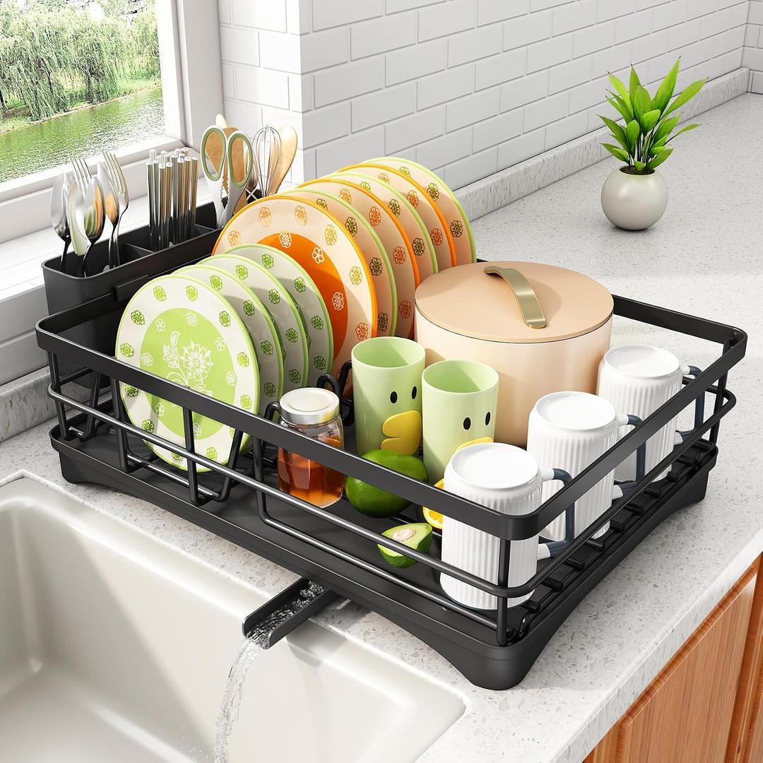 Dish Drying Rack - Rust Resistant Dish Drainer for Kitchen Counter with Drainboard & Rotating Spout, Large-Capacity Dish Rack with Removable Utensil Holder, Space-saving kitchen organizer, Black