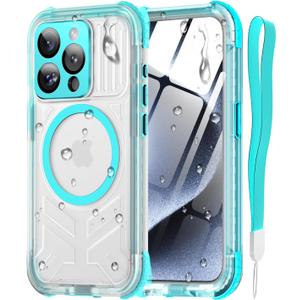 for iPhone 15 Pro Max Waterproof Case with Magsafe, Screen Protector, Lanyard, IP68 Military Full Body Shockproof, for Water Sports Outdoor Work, Funda para 15 Pro Max Impermeable, 6.7" Teal