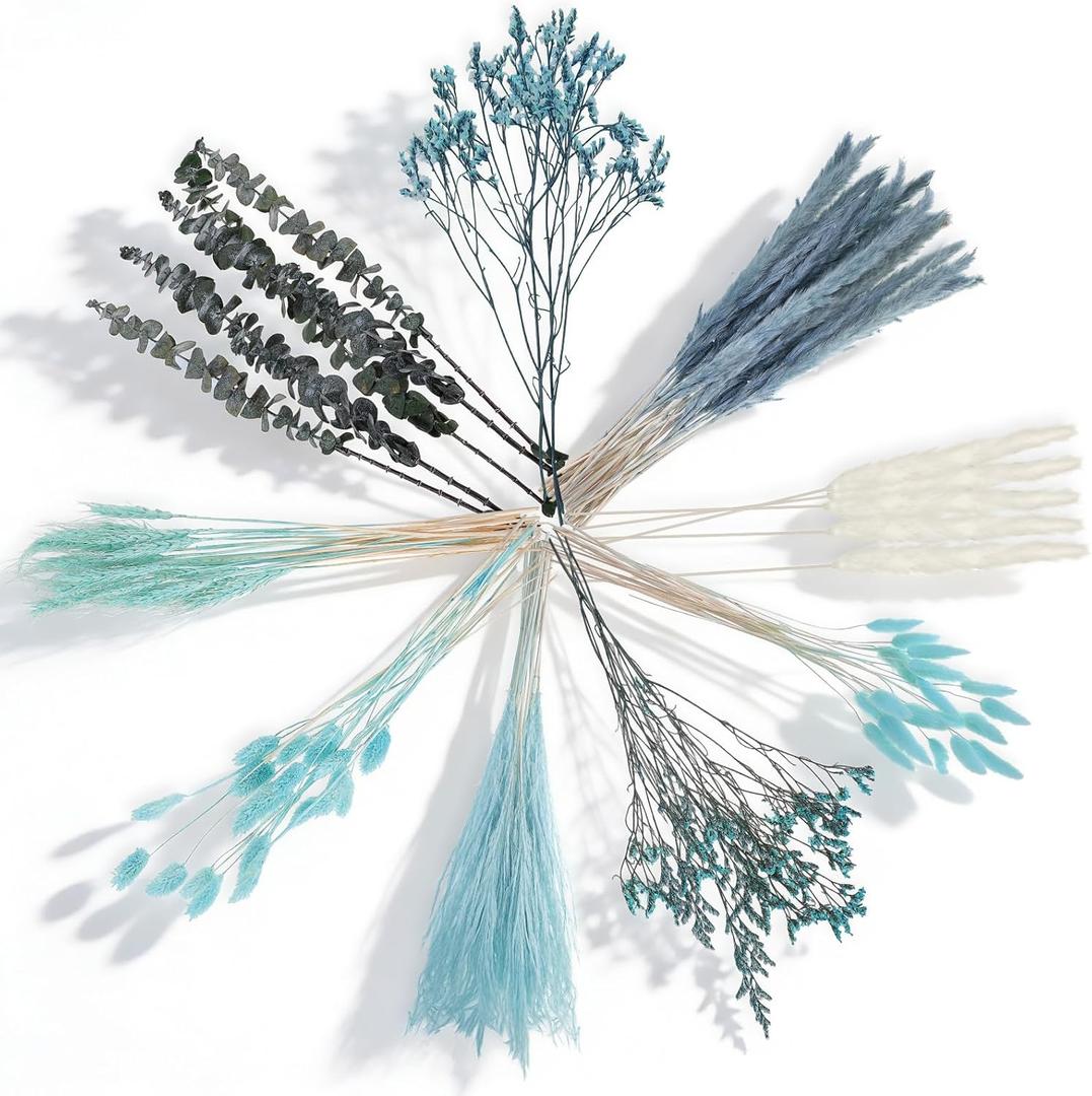 Thiccywoov 120 Pcs Blue Natural Dried Pampas Grass Fall Decor 17 Inches Autumn Fluffy Grass Bouquet Eucalyptus Boho Decor for Vase Wedding Floral Room Home Party Table Centerpieces Decorations