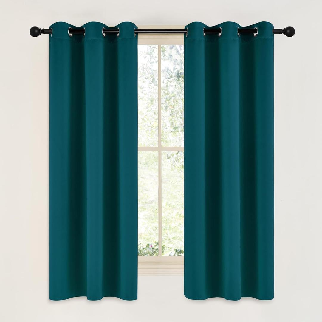 NICETOWN Teal Blackout Cafe Faux Silk Curtains for Small Windows, 42" Wide by 63" Long, 2 Panels, Grommet Thermal Insulated Blackout Satin Drapes for Bedroom