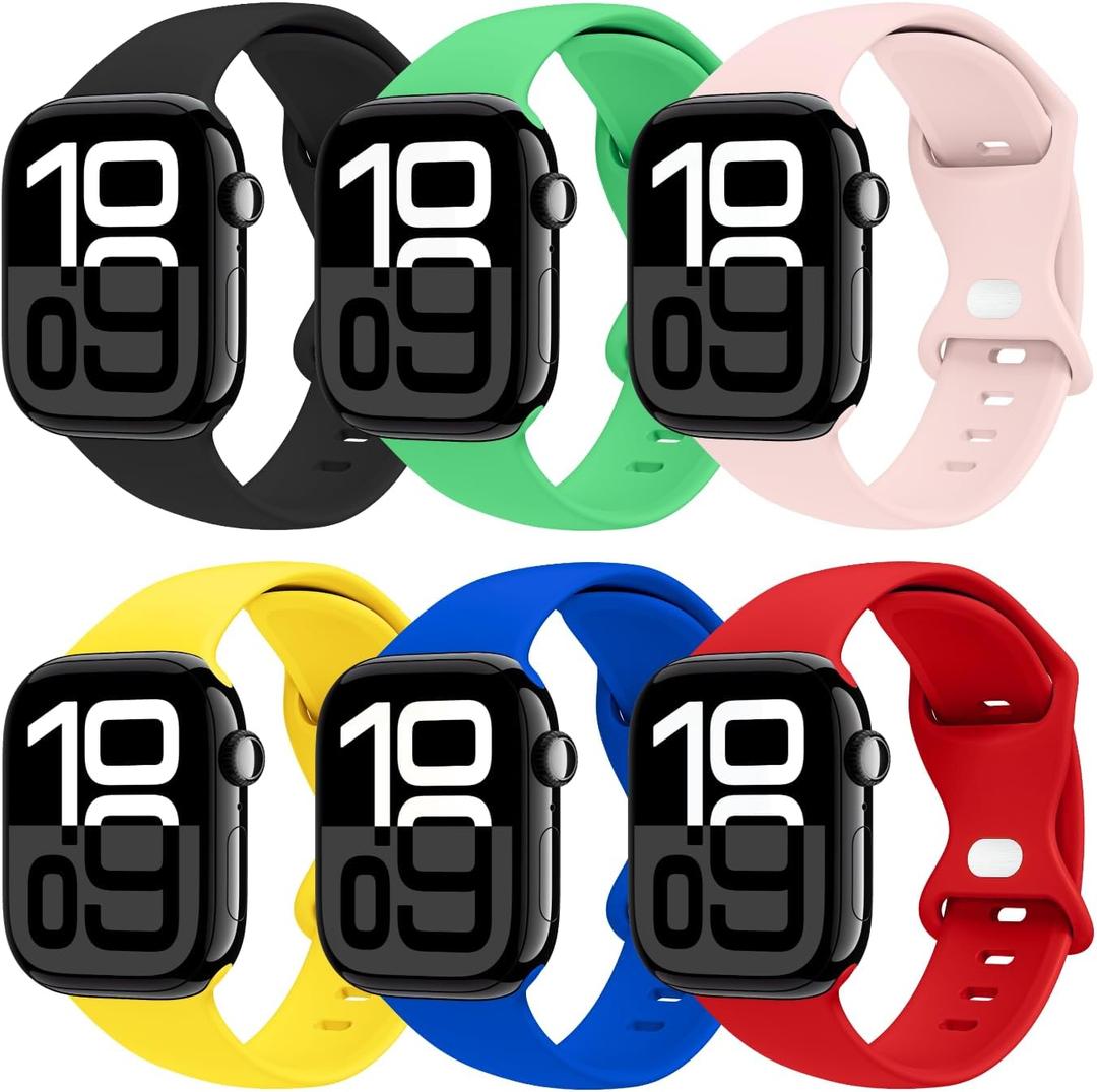 THWALK 6 Pack Sport Bands Compatible with Apple Watch Band Ultra 3/2/1 49mm, Series 11/10 46/42mm, 9/8/7 45/41mm, SE/6/5/4 44/40mm, 3/2/1 42/38mm for Women Men (Black/Bright Green/Chalk Pink/Yellow/Royal Blue/Red)
