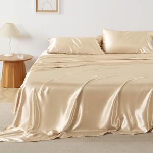 Bedsure Satin Sheets Full Size - 4 Piece Silky Bedsheets with 15 Inches Deep Pocket Fitted Bedsheet,1 Flat Sheet, 2 Satin Pillowcases, Good for Hair & Skin (Full, Champagne)