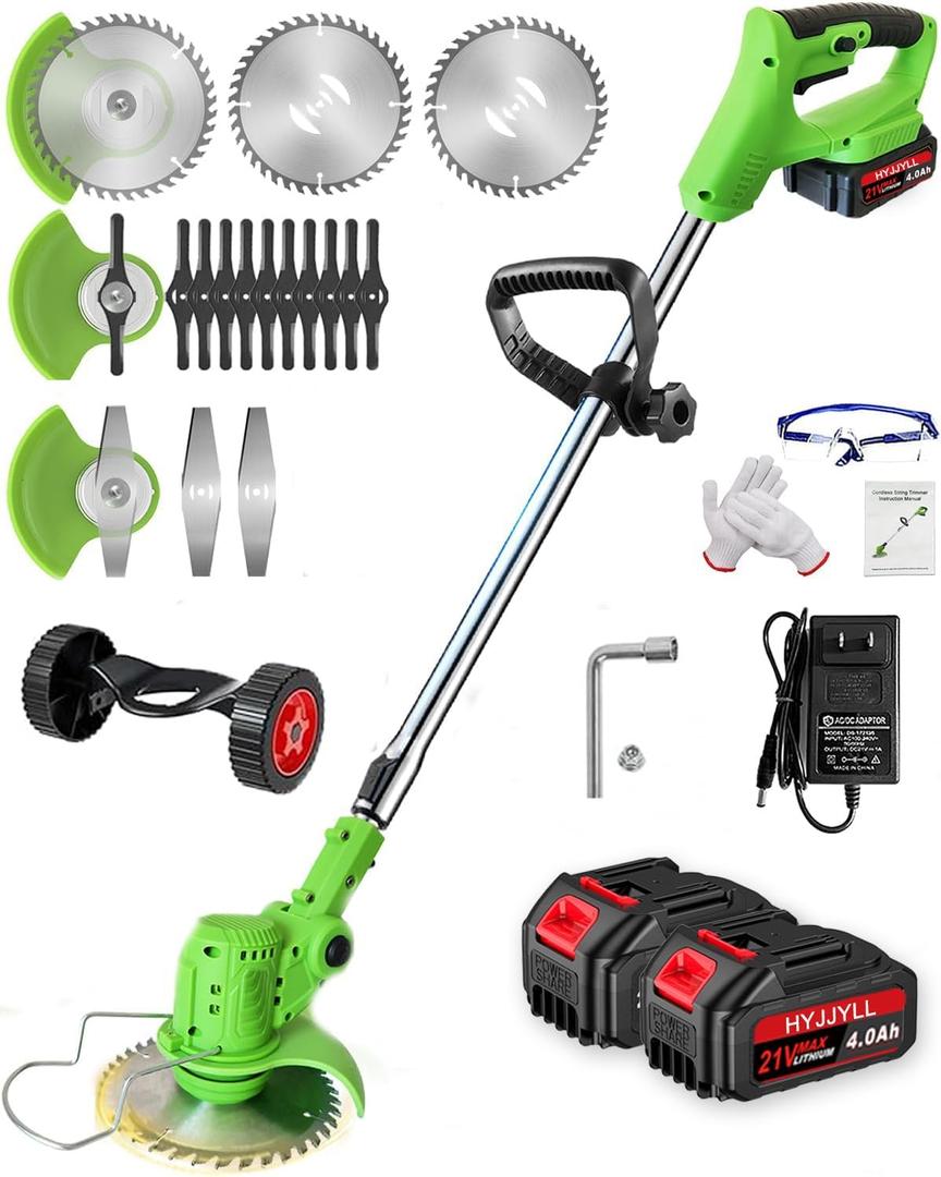 Weed Wacker, 21V Electric Cordless Weed Eater 3Types Blades and 24.0Ah Battery Powered, Adjustable Cutting Angle & Height,3 in 1Stringless Grass Trimmer/Lawn Edger/Brush Cutter, for Lawn Yard Garden (green)