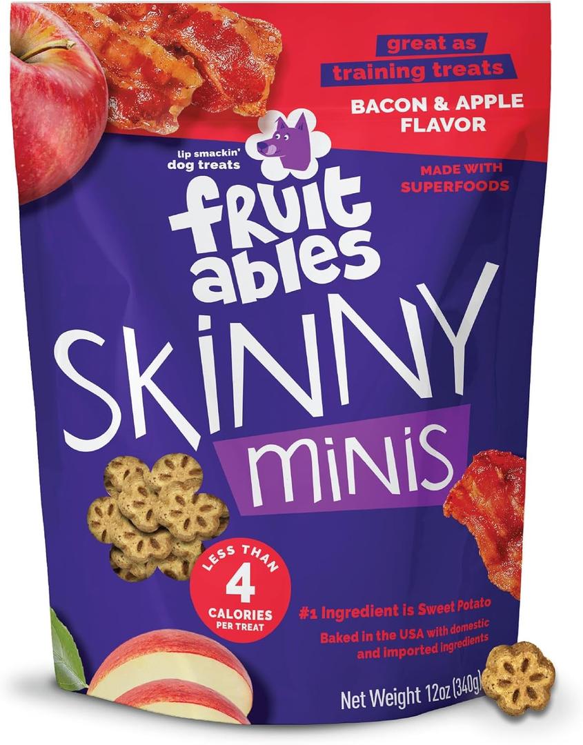 Fruitables Skinny Mini Dog Treats, Healthy Sweet Potato Treat for Dogs, Low Calorie & Delicious, Puppy Training, No Wheat, Corn or Soy, Made in the USA, Bacon and Apple Flavor, 12oz (EXP 05/17/28)