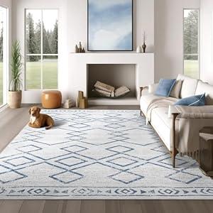 Jinchan Moroccan 6x9 Area Rugs for Living Room - Machine Washable Soft Modern Geometric Stain Resistant Ultra-Thin Low-Pile Large Rug Non-Slip Carpet for Bedroom Kitchen Dining Room (6x9ft, Blue)