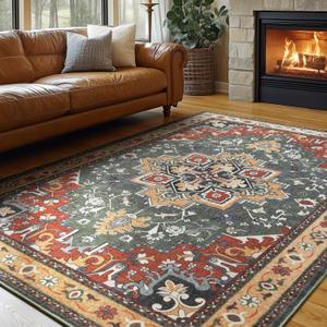 Rugflix 5x7 Area Rugs Machine Washable, Plush Carpet for Living Room, Oriental Indoor Area Rug Low Pile, Large Soft Thick Carpets Non Slip, Farmhouse Vintage Rug for Bedroom Dining Room, Red/Green