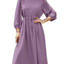 Women's Casual 3/4 Sleeve Fall Floral-Embroidered Long Dress Crew Neck Flowy Swing Dress with Pockets L