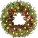 Rocinha 24'' Artificial Christmas Wreath with Lights, Red Berry & Pine Cones, Battery Operated Christmas Wreaths for Front Door, Window, Fireplace, Wall, Christmas Decorations for Indoor and Outdoor