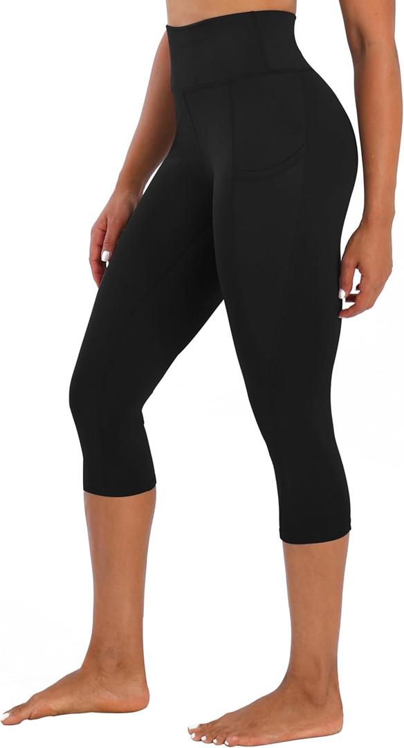 Women's High Waist Capri Leggings with Pockets Tummy Control Cropped Yoga Pants for Summer Fitness Workout Athletic (Black, S)