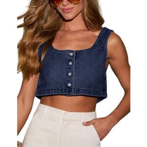 Women Tank Tops Button Denim Crop Blouses Sleeveless Cami Shirts, Size S