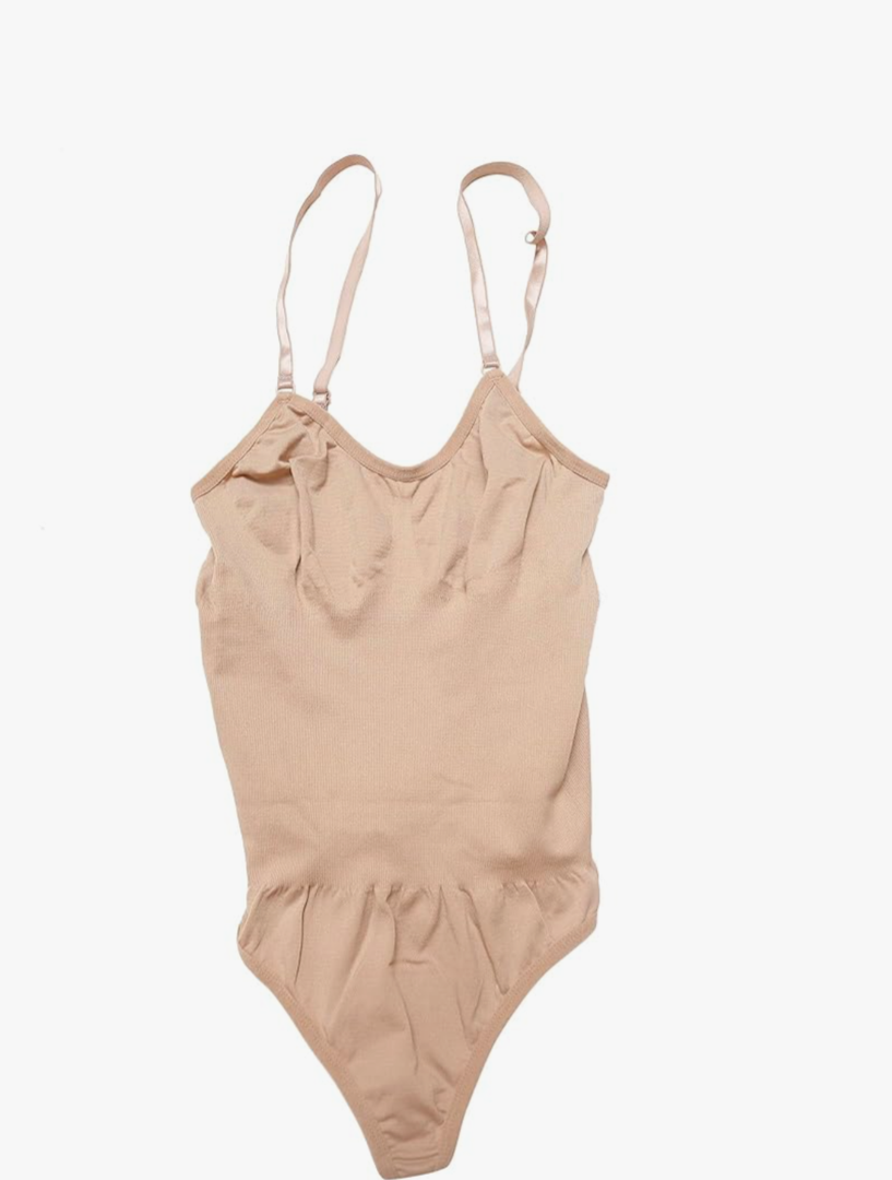 Women's Slim Fit Bodysuit Spaghetti Strap Open Backless Tummy Control Thong Leotard Shapewear Size S