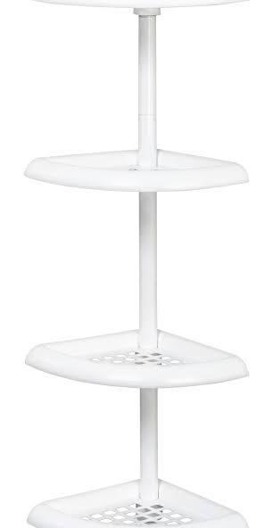 Tension Pole Shower Caddy, 7.2 in OAL, 10.6 in OAW, 4-Shelf, Plastic, White