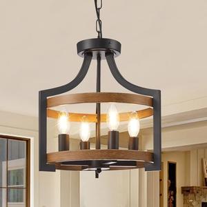 SADALAK 4-Light Farmhouse Chandelier,Rustic Hanging Pendant Light,Convertible Semi Flush Mount Ceiling Light Fixture, Vintage Black and Faux Wood Chandeliers for Dining Room Kitchen Hallway Bedroom