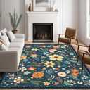 Washable Area Rug, Floral Rug, Large Carpet for Living Room & Bedroom, 9'x 12',Blue