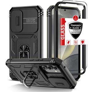 Compatible with Samsung Galaxy S24 Case with 1 Screen Protector,Built-in 360 Kickstand Ring,with Camera Cover Dustproof Shockproof Military Grade Drop Heavy Duty Protection Phone Bumper,Black