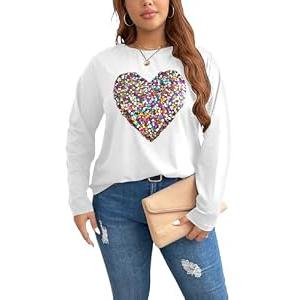 OYOANGLE Women's Plus Size Sequin Shiny Heart Print Long Sleeve Shirts Crew Neck Tops Sparkly Party T-Shirt White X-Large Plus