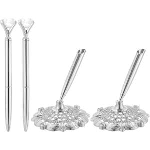 PATIKIL 2 Pcs Hollow Round Pen Metal Ballpoint Pens Set with Diamond Crystal Pen, 1mm Black Ink Pens for Business Office Wedding Guest Signature, Silver