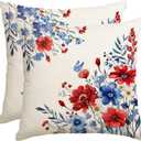 RABUSOFA 4th of July Memorial Day Patriotic Throw Pillow Cover,18x18 Inch Red White and Blue Flowers Independence Day American Fourth of July Decoration for Sofa Couch Set of 2