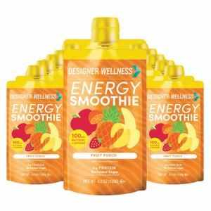 Designer Wellness Energy Smoothie, Real Fruit, 100mg Natural Caffeine, 5g Protein, Low Carb, Zero Added Sugar, Gluten-Free, Fruit Punch, 12 Count, BB:  05/2026