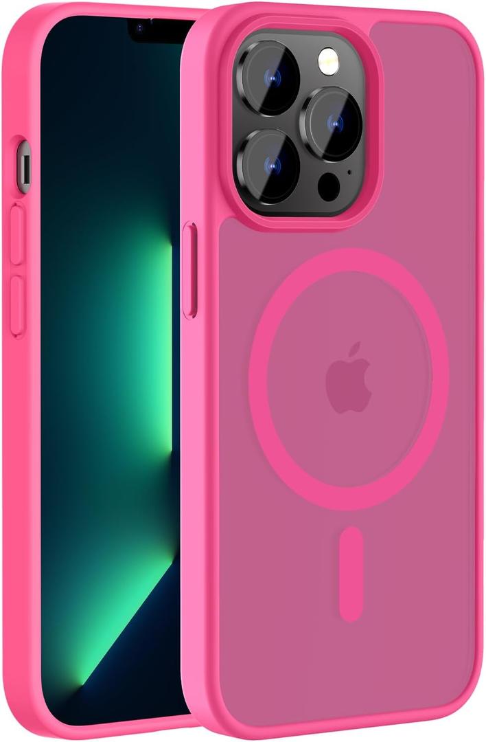 Hualele Magnetic for iPhone 13 Pro Case,Compatible with MagSafe, Military Grade Dropproof Translucent Matte Hard Back Soft Edge Slim Phone Case iPhone 13 Pro,Hot Pink