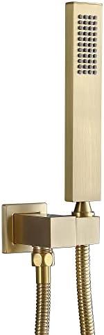 ENGA Square Brushed Gold Solid Brass Hand Held Shower Head With Wall Connector and Hose Wall Mount Handheld Showerheads Set