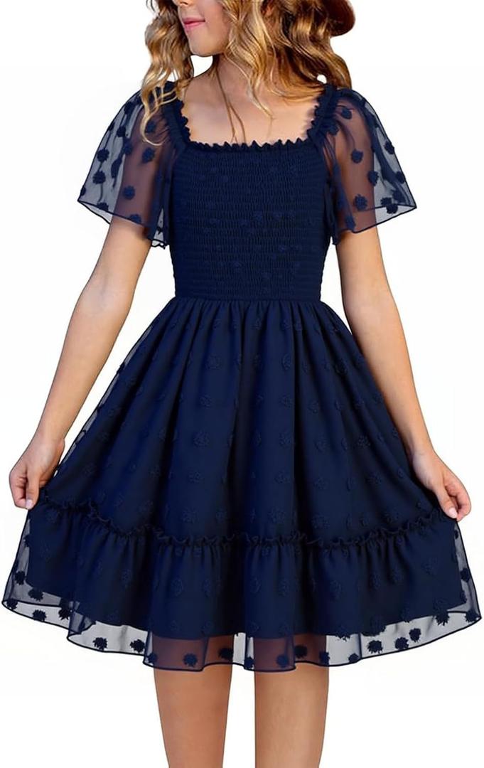 Girls Dress Summer Puffy Sleeve Embroidery A Line Chiffon Double Layer Smocked Shirred Kids Party Dresses, Size 14-15 Y