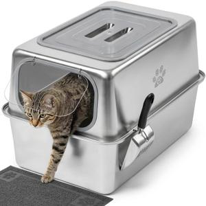 Ptlom Stainless Steel Litter Box with Lid, Leak-Proof Metal Cat Litter Box