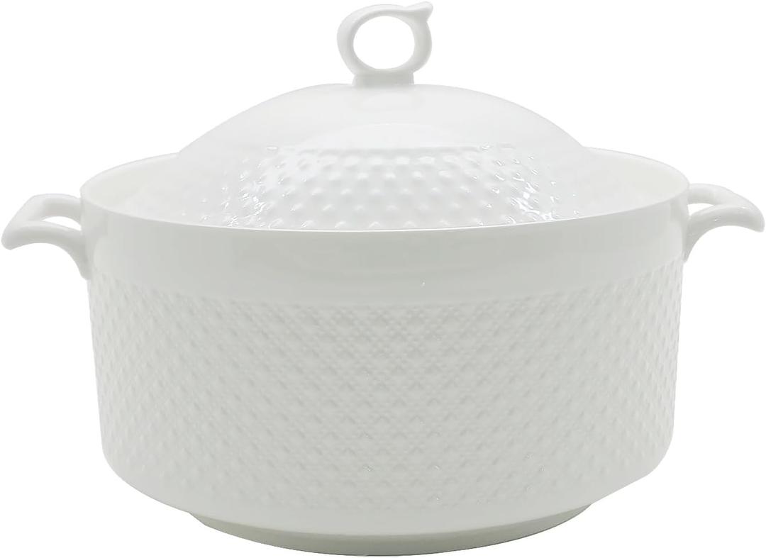Ceramic Soup Tureen, Ceramic Soup Pot, 3.8L Large Capacity Serving Bowl with Lid and Handles for Salad Pasta Noodles Stew, Microwave and Dishwasher Safe, Porcelain, Round, White