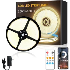 COB LED Strip Lights 50ft,3000K DC 24V Dimmable Warm White Flexible LED Rope Lights for Bedroom,with Remote and app Control LED Lights Strip for Living Room, Shelf, Cabinet