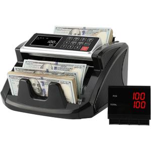 Money Counter, Cash Counter Machine with Value Count，Cash Counter for Dollar, Euro with UV/MG/IR/DD Counterfeit Detection, Add/Bat/Value Mode Bill Counting Machine with Large LCD Display
