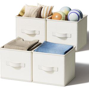 LayerSpace 4 Pack Foldable Fabric Closet Storage Bins, 11Inch Organizer Cubes with Handles, Linen Storage Boxes for Clothes, Toys, Books and Home Organization, White& Ivory, 11Inch