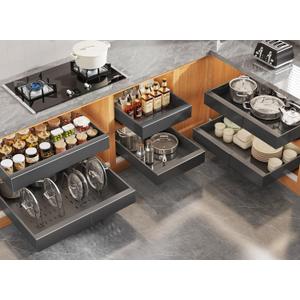 6Pack Expandable Pull Out Cabinet Organizer 21"Deep with Raising Pad for Framed Cabinets,Slide Out Drawers with 4pcs Divider Racks,Roll Out Shelves Adhesive,Adjustable Width 12.05"-20.4"Black