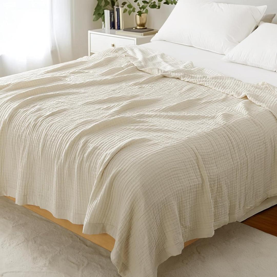Cotton Muslin Blanket Queen Size for Bed Couch, Lightweight Breathable Bed Blankets, Soft Gauze Blanket for Summer, Queen Muslin Blankets for Adults and Kids, Beige, 90x90 Inches