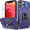 DEERLAMN Case for iPhone 12/12 Pro with Slide Camera Cover, Military Grade Shockproof Phone Case with Ring Kickstand, Anti-Scratch Armour Phone Cover, Blue