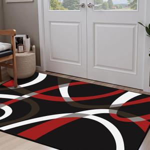 Classical Modern Black and Red Stripe Pattern Area Rug for Living Room 3x5 Outdoor Rug Non Slip&Non-Shedding Low Pile Indoor Large Carpets for Bedroom, Dining Room, Home Office, Bathroom