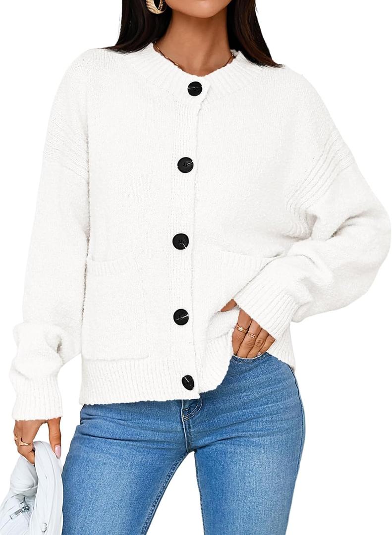 Saodimallsu Womens Button Up Cardigans Fall Crew Neck Fuzzy Knit Long Sleeve Cropped Sweater Jacket with Pockets (Medium, White)