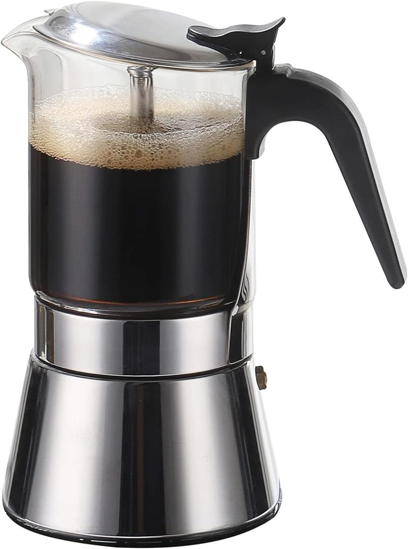 SIXAQUAE Stovetop Espresso Maker, Crystal Glass-top & Stainless Steel Espresso Moka Pot,Classic Italian coffee maker360ml