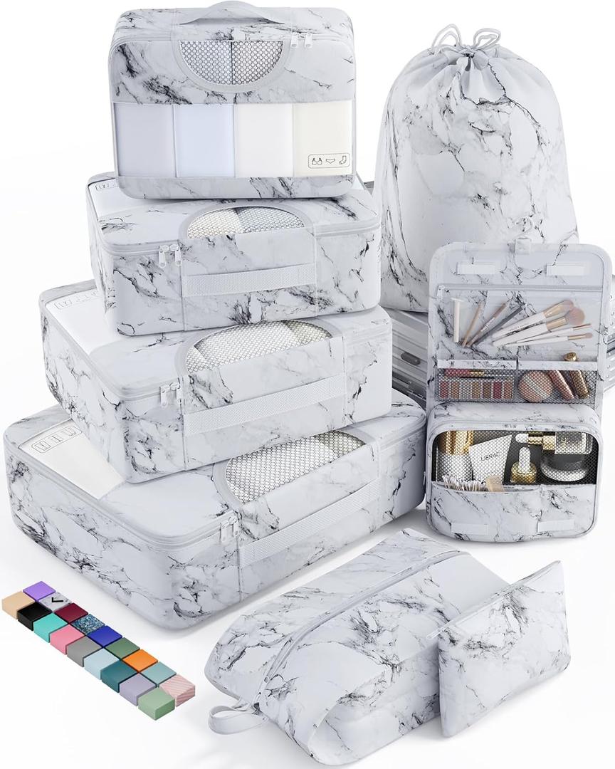 Veken 8 Set Packing Cubes for Travel Essentials, Suitcase Organizer Bags Set for Luggage, Road Trip Travel Accessories in 4 Sizes (Extra Large, Large, Medium, Small) (19-White Marble)