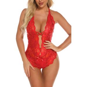 Aranmei Sexy Lingerie for Women Lace Teddy Bodysuit Deep V Cut Out Matching Panty Underwear (Large, Red)