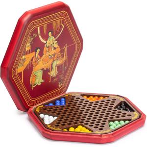 Yellow Mountain Imports Classic Chinese Checkers Halma Board Game Set with Storage, 12.6-inch Wooden Board, and Solid Color 16-Millimeter Glass Marbles