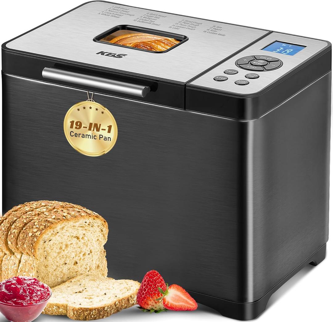 KBS 2LB Bread Maker, 19-in-1 Automatic Bread Machine Stainless Steel with Ceramic Pan,15H Timer&1H Keep Warm, Sourdough, Gluten-Free, 650W Bread Maker Machine with 3 Loaf Sizes 3 Crust Colors, Recipes