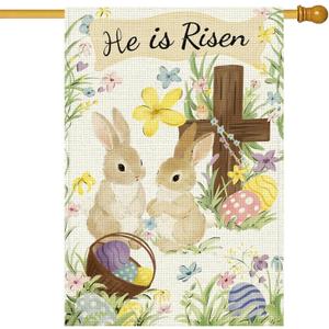 He Is Risen Easter Garden Flag for Outside, 28x40 Inch Double Sided Spring Flags with Bunnies Flowers Cross, Easter Gifts Yard Decoration Flag for Outdoor Garden, Patio, Porch
